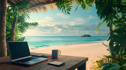 Digital Nomad's Workstation on Tropical Beach with Ocean View

