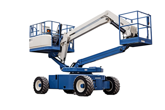 Modern manlift machine on transparent background for construction and industrial projects, featuring safety and efficiency in elevated work platforms