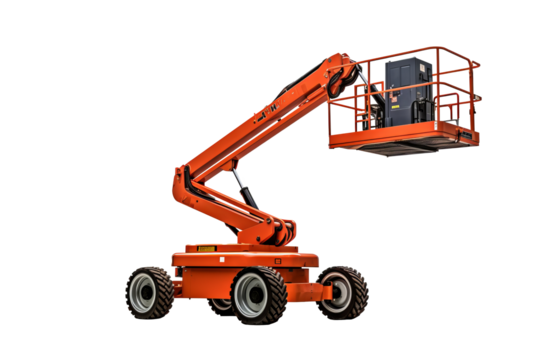 Modern manlift machine on transparent background for construction and industrial projects, featuring safety and efficiency in elevated work platforms