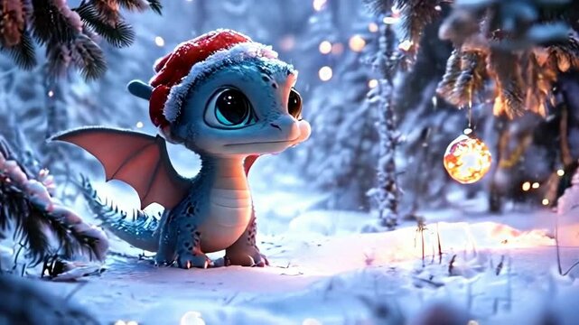 Adorable baby dragon with sparkling eyes in snowy winter forest. Fantasy creature concept