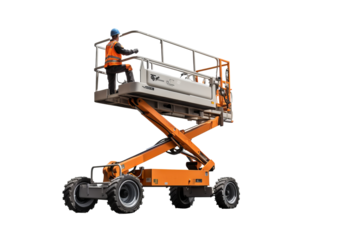Modern manlift machine on transparent background for construction and industrial projects, featuring safety and efficiency in elevated work platforms