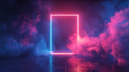 Naklejka premium A vibrant neon light rectangular portal amidst pink and purple clouds on a reflective wet surface, suggesting a gateway to an unknown dimension. 
