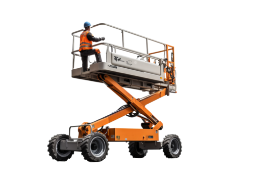Modern manlift machine on transparent background for construction and industrial projects, featuring safety and efficiency in elevated work platforms