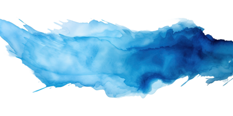 Blue paint brush strokes in watercolor on transparent background, png	