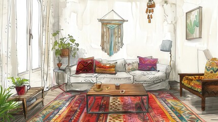 Draw a bohemian living room sketch featuring a comfortable sofa, a vintage coffee table, and a colorful rug.