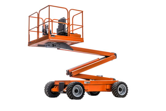 Modern manlift machine on transparent background for construction and industrial projects, featuring safety and efficiency in elevated work platforms