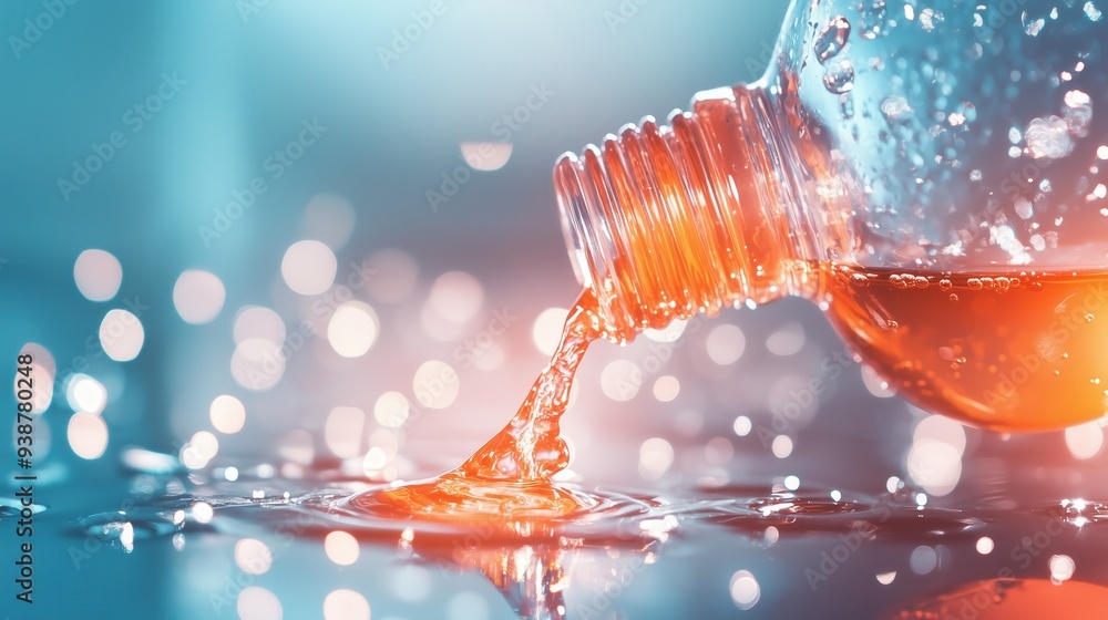 Poster close-up of a clear bottle with vibrant liquid spilling out, creating a shimmering effect on the sur