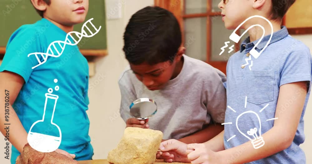 Poster children learning science in classroom and animation over them