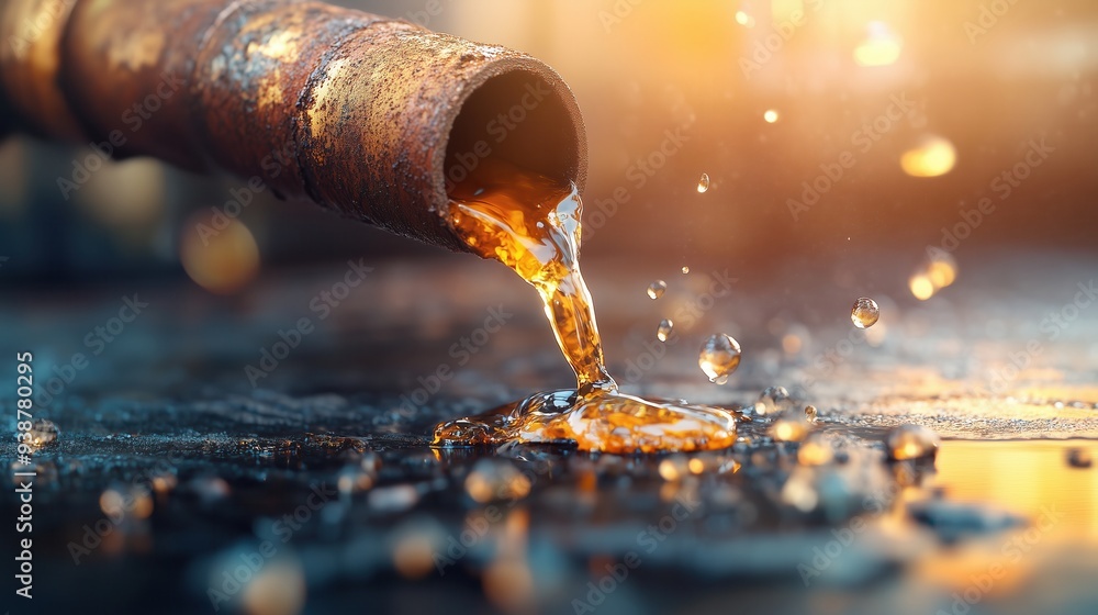Poster close-up of rusty pipe leaking liquid onto ground, creating droplets and showcasing textures in warm