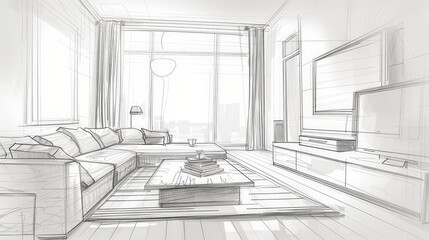 living room sketch with a modular sofa, a minimalist coffee table, and a contemporary rug.