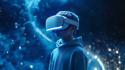 Fototapeta premium Future technology concept child experiencing virtual reality with metaverse space digital adventure gaming futuristic interactive vr goggles magical