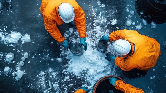 Workers in bright orange gear handling chemical substances safely in a snowy industrial environment for hazardous material management.