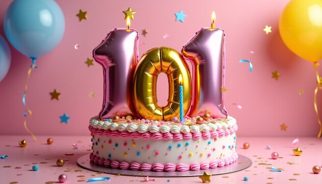 Number 101st Birthday Balloon Celebration Cake, Adorned with Sparkling Confetti, Stars, Glitters, and Streamer Ribbons for a Festive Atmosphere