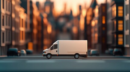 A pristine delivery van parked on a city street, with blurred buildings in the background, showcasing urban logistics and transport.