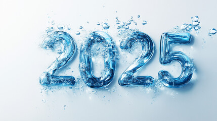 Typography of the number "2025", water-like material, cool, refreshing, new year, celebration, water splash