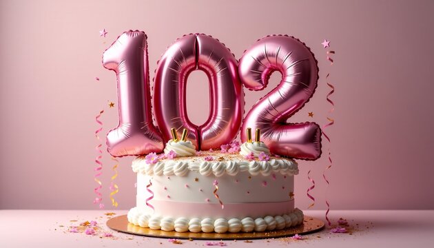 Number 102nd Birthday Balloon Celebration Cake, Adorned with Sparkling Confetti, Stars, Glitters, and Streamer Ribbons for a Festive Atmosphere