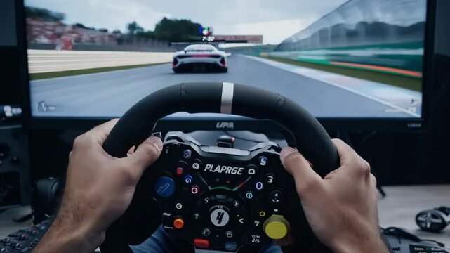 Racing competition simulator. Gamer man with joystick steering wheel controls race car, play video game on computer. Hands close-up. Funny virtual simulation. Gaming controller. Fast speed drive auto.
