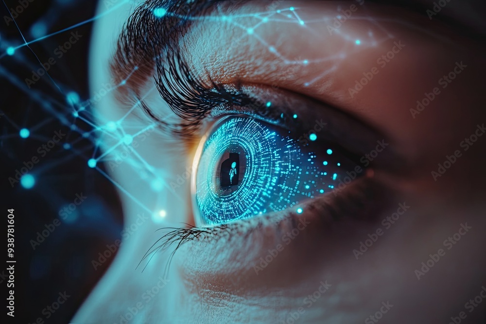 Poster a close-up of a human eye with a digital network effect. this image represents the connection of hum