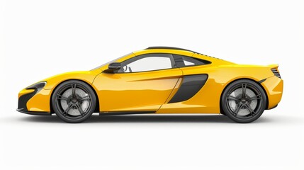 Fototapeta premium A striking yellow supercar captured in a sleek side profile view, isolated against a white background, showcasing its aerodynamic design and luxurious details 