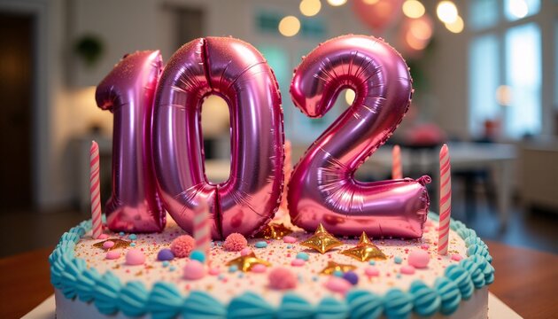 Number 102nd Birthday Balloon Celebration Cake, Adorned with Sparkling Confetti, Stars, Glitters, and Streamer Ribbons for a Festive Atmosphere