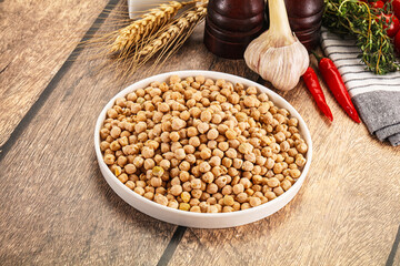 Dry chickpea seeds heap in the bowl