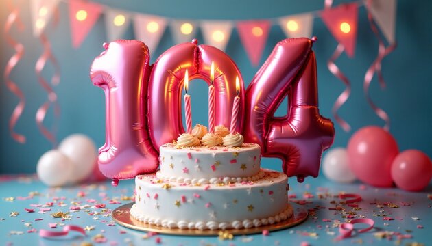 Number 104th Birthday Balloon Celebration Cake, Adorned with Sparkling Confetti, Stars, Glitters, and Streamer Ribbons for a Festive Atmosphere