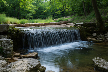 Small waterfall in the forest along a river