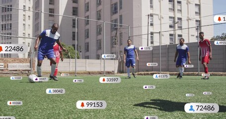 Soccer players on field with social media notification animation overlaid - Powered by Adobe