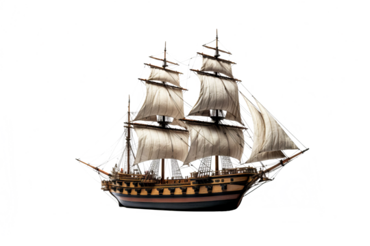 High-resolution PNG image of a detailed ship isolated on a crisp transparent background for nautical-themed design projects, illustrations, and digital artwork in maritime settings. - Powered by Adobe