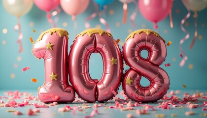 Number 108th Birthday Balloon Celebration Cake, Adorned with Sparkling Confetti, Stars, Glitters, and Streamer Ribbons for a Festive Atmosphere