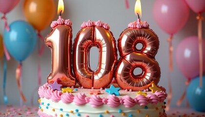 Number 108th Birthday Balloon Celebration Cake, Adorned with Sparkling Confetti, Stars, Glitters, and Streamer Ribbons for a Festive Atmosphere