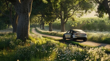 Enjoy the peaceful operation of an electric car driving through a serene, countryside road.