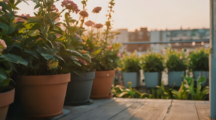 a many potted plants on a wooden table on a balcony
