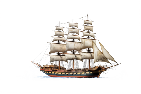 High-resolution PNG image of a detailed ship isolated on a crisp transparent background for nautical-themed design projects, illustrations, and digital artwork in maritime settings. - Powered by Adobe