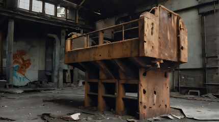 a large wooden structure in a building with graffiti on the walls