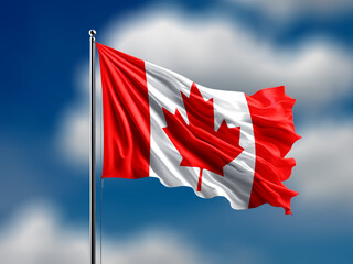 Canada flag flying on blur blue clouds background.