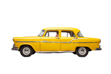 Yellow taxi car isolated on transparent background for easy integration into urban design projects, transportation-themed graphics, and creative digital artworks.