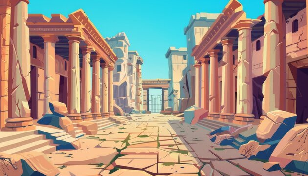 Overgrown temple in the desert. Ruins of an ancient civilization. Ancient ruins. Lost city. Cartoon 2d game illustration background. 