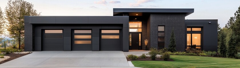 Modern black house exterior with sleek design, large windows, and well-maintained landscaping under clear sky.