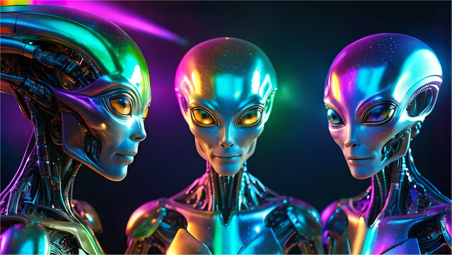 Shimmering glow of artificial intelligence alien and human business meeting background,  neon rainbow colored