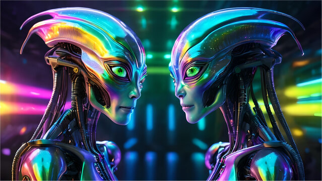 Shimmering glow of artificial intelligence  aliens business meeting background,  neon rainbow colored