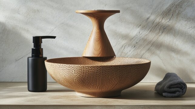 Wooden sink with unique design. This image is perfect for articles or projects related to bathroom designs and interior design.