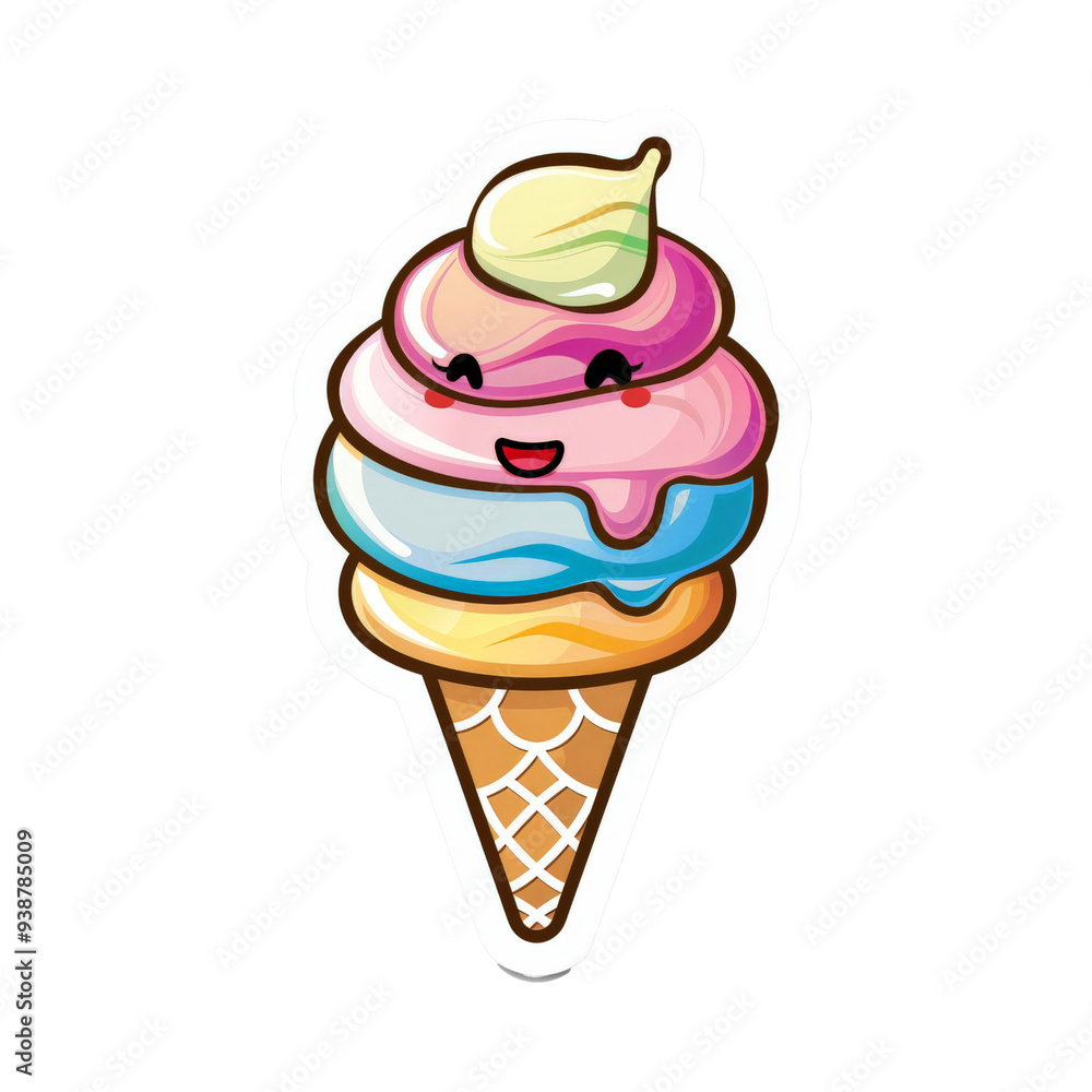 Poster smiling ice cream cone with three scoops and whipped cream.