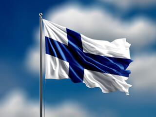 finland flag flying on blur blue clouds background.