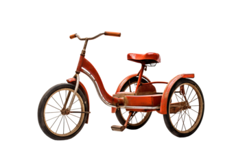 Vintage red tricycle isolated on transparent background, perfect for children’s toys, nostalgic decor, or retro-themed design projects in high-resolution png format