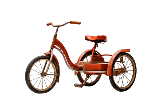Vintage red tricycle isolated on transparent background, perfect for children’s toys, nostalgic decor, or retro-themed design projects in high-resolution png format