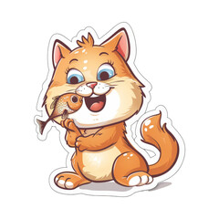 Happy Cat Holding a Fish Cartoon Illustration.