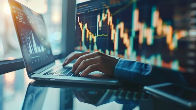 investment managers with laptops offer better returns and risk management. investment fund, investment opportunities, hedge fund leverage concept. header or footer banner template with copy space.