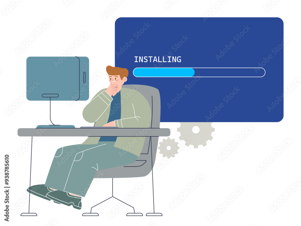 Poster Install operating system installing OS loading load upgrade update new version software PC computer blue screen