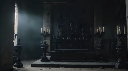 Obraz premium a black altar with candles and a black chair